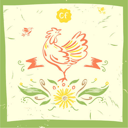 Chicken and hen farm. Products from chicken meat and eggs. Hand drawn silhouette illustration rooster.のイラスト素材