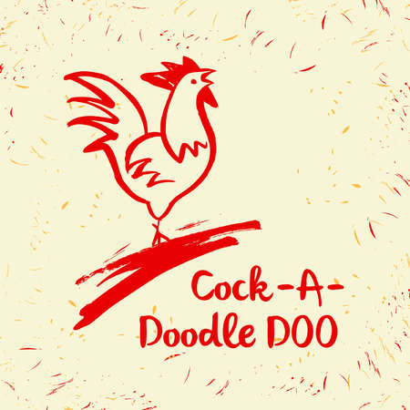Vector  . Hand drawn  illustration rooster on white and red background. Cock a doodle doo. Painted brush red cock.のイラスト素材