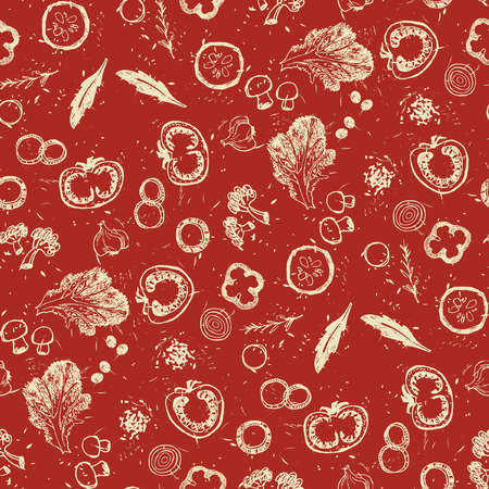 Hand drawn scetch vector seamless pattern vegetable on red background.のイラスト素材
