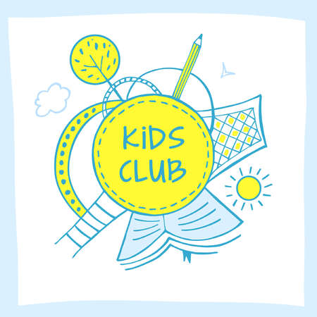 Vector  kid club, child development center with earth, sun, tree, book, goal on white background. Kids genius exclusive education concept illustration.のイラスト素材