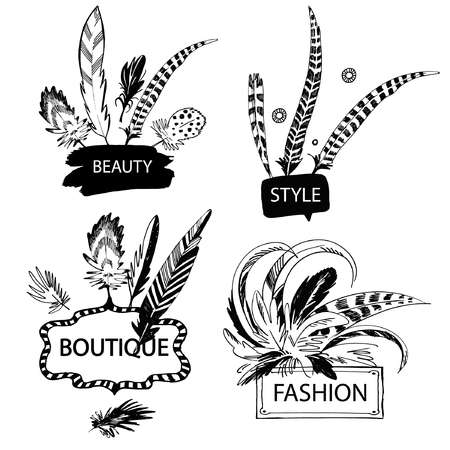 Set of feather with frame. Hand drawn vector illustration. Isolated on white background. Design elements for shop fashion accessories, jewelry made of feathers.のイラスト素材