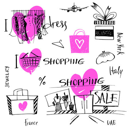 Vector set of hand-drawn for sale shopping and travel. Illustration i love shopping, discount, present, tour.のイラスト素材