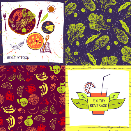 Health beverage.  Vector for lunch. Set illustration for menu cafe, restaurant. color background with vegetables and  fruit.のイラスト素材