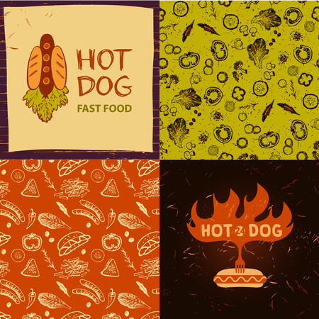 Hot dog.  Vector for fast food. Illustration with rocket for menu cafe on color background. Background with vegetablesのイラスト素材