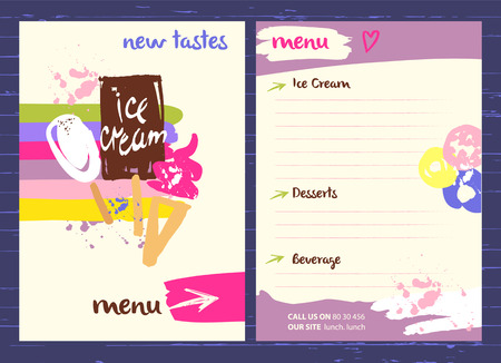 Vector with new very tasty ice cream illustration. Different kinds sweet drinks and desserts with fruit flavors on a colored background in a restaurant or cafe menu.のイラスト素材