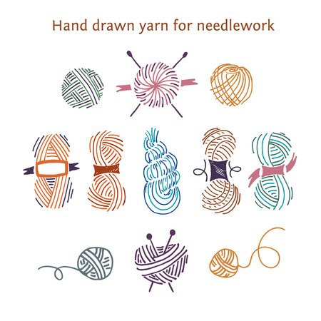 Vector color set skeins of different forms. Outline style.Hand-drawn collection of yarns for needlework and knitting.のイラスト素材
