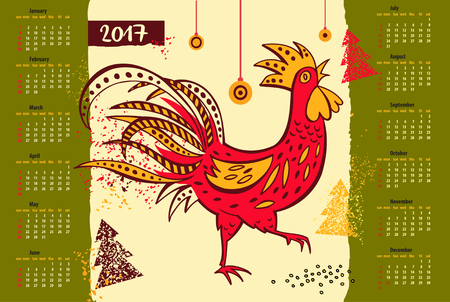 Calendar 2017 Chinese New Year of the Rooster . Vector Illustration with xmas tree. Hand drawn silhouette colorful illustration rooster on white and red background.のイラスト素材