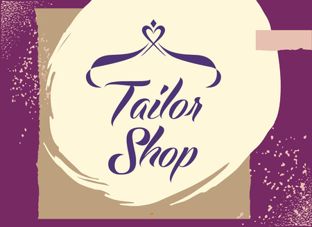 Vector logo on color background for salon tailoring. Illustration for tailor shop with stylized heart and hanger.のイラスト素材