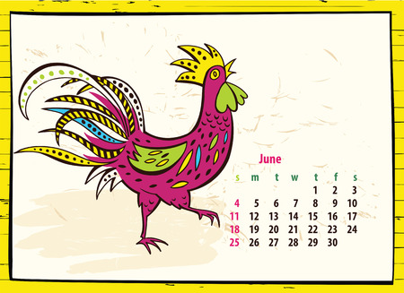 Calendar of 2017 Chinese New Year of the Rooster. Month june. Vector hand drawn color illustration rooster. Trendy color template for greeting , congratulations and invitations.のイラスト素材