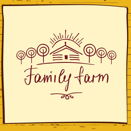 Family eco farm. Sketch for agriculture, horticulture. Hand drawn tree, home and sun. Gardening, growing vegetables and fruit. Vector illustration for country village business.のイラスト素材