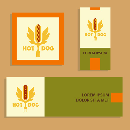 Hot dog . Vector for fast food.  Quick and tasty. Business card, banner for event, party in cafe, bar, restaurant on color background.のイラスト素材