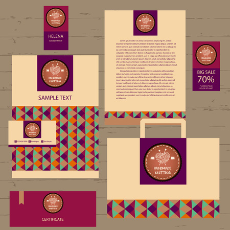 Corporate identity for business needlework. Ball of yarn in the form of heart and knitting needles. Hand drawn vector . Knit and Crochet.のイラスト素材