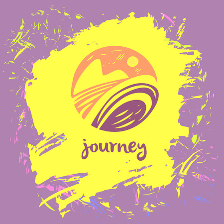 Vector icon travel company. Tourist trip. The journey in the sky, landscape. Hand drawn icon in a circleのイラスト素材