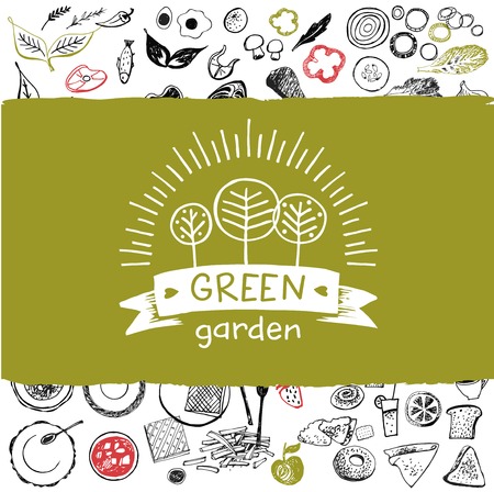 Element of design corporate identity, banner, poster, card, menu for family green farm. Hand drawn element for eco food on color background. Ecology natural product and organic food. Freehand vector sketch icon.のイラスト素材