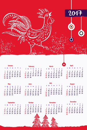 Calendar 2017 with rooster for event happy new year . Style red christmas tree and white rooster on red background.のイラスト素材