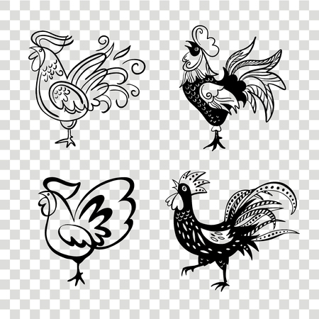 Roosters in different poses. Vector silhouettes roosters. Hand drawn cocks.のイラスト素材