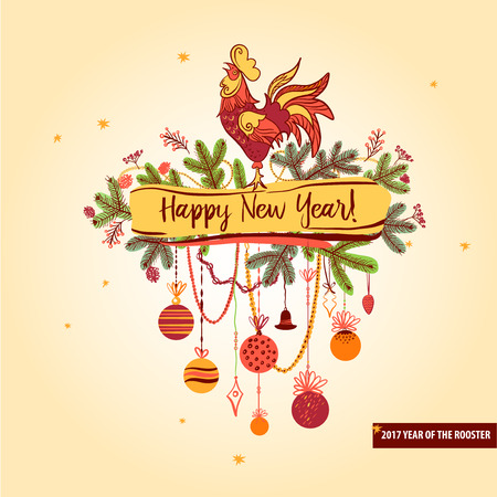 Illustration for happy new year 2017 red rooster. Silhouette cock. Vector element of design card, poster, clothing, postcard, calendar and invitation with rooster 2017.のイラスト素材