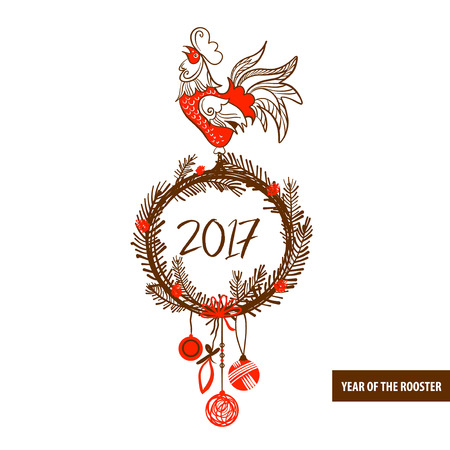 Illustration for happy new year 2017 red rooster. Silhouette cock. Vector element of design card, poster, clothing, postcard, calendar and invitation with rooster 2017.のイラスト素材
