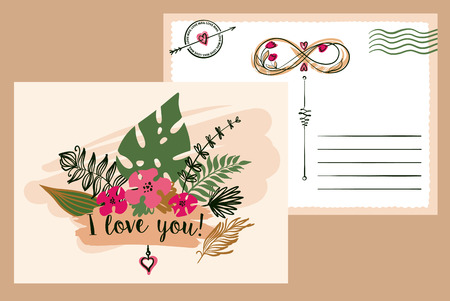 Freehand drawn typography postcard on color background. Stylish illustration with vector flower design for greeting cards, flyer, banner, poster, save the date card. Text i love you.のイラスト素材
