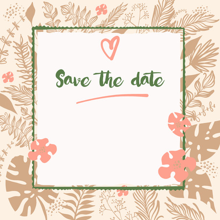 Freehand drawn typography poster. Stylish illustration with vector flower design for greeting cards, flyer, banner, valentines day card. Image heart, text save the date and open space for invitation.のイラスト素材