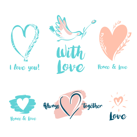 Element of free hand drawn typography poster. Stylish illustration with  heart, bird and flower about love for greeting cards, posters, valentines day card, save the date card with text about love.のイラスト素材
