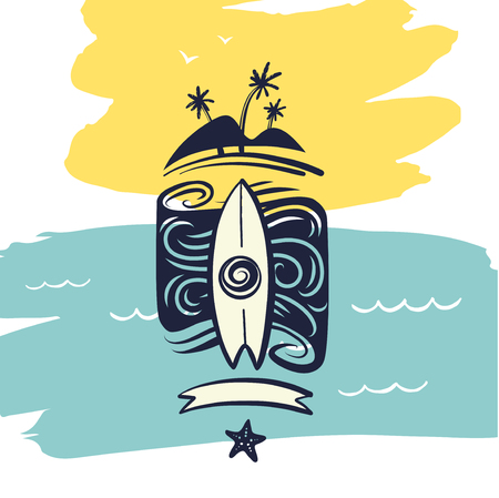 Freehand drawn image with island, palm and surfboard.のイラスト素材
