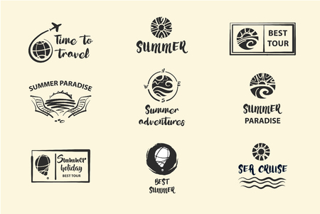 Set of nine sketch black design with text summer paradise.のイラスト素材