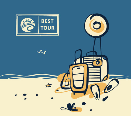 Freehand drawn concept image with text Best tour. Element design corporate identity, logotype, banner, poster, flyer for tourism business agency, operator, company. Summer travel.のイラスト素材