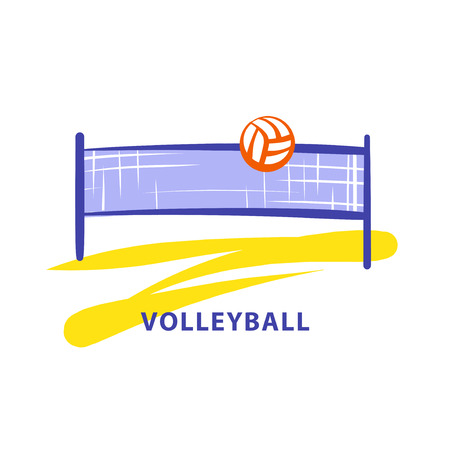 Volleyball team, school, club template logo. Vector sketch illustration. Line sketch image ball and net. Beach championship. Print on t-shirt.のイラスト素材