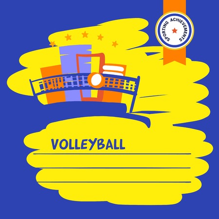 Volleyball team, school, club template icon. Vector illustration. Line sketch image ball and net. City street championship sign. Print on t-shirt.のイラスト素材