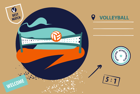 Volleyball team, school, club template icon. Vector illustration. Line sketch image ball and net. City street championship sign. Print on t-shirt.のイラスト素材