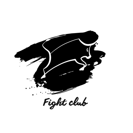 Fight club template logo. White contour silhouette of bul on black spot. Sketch vector illustration.のイラスト素材