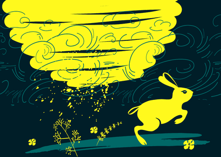 Yellow rabbit on dark blue background. Freehand drawn element design for banner, poster, card, postcard with rabbit. Chinese symbol of moon and longevity.  Sketch vector illustration. のイラスト素材
