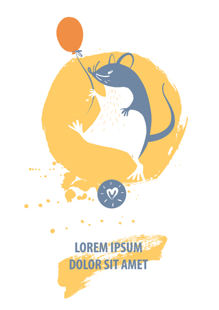 Concept image of symbol chinese happy new year 2020 on light background.Wild rat.Freehand drawn silhouette small mouse with red balloon.Vector sketch illustration. 
のイラスト素材