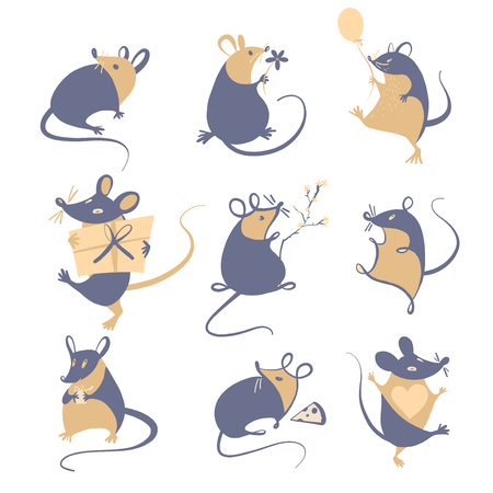 Set pose mouse, rat with balloon, cheese, box, isolated on white background. Wild rat with long tail. Sketch vector illustration.  のイラスト素材
