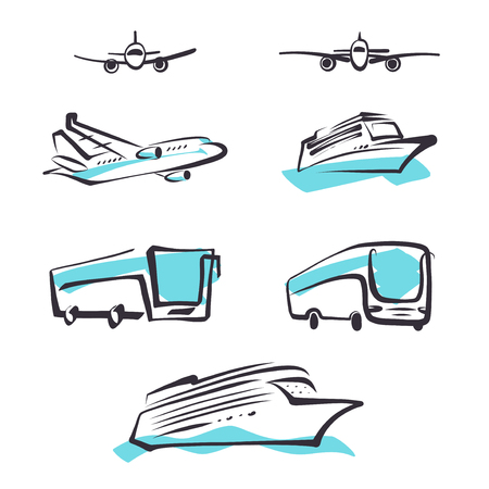 Set of transportation logo template. Sketch image bus, airplane and cruise liner ship. Vector illustration.のイラスト素材