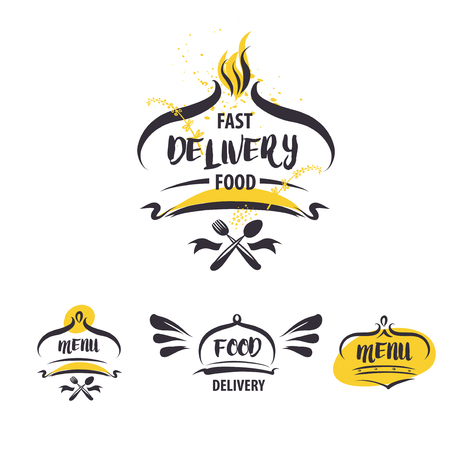 Food delivery. Set logo template for fast catering. Abstract crown with fire and text inside.のイラスト素材