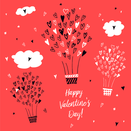 Happy Valentine day. Template poster, banner, gift postcard with sketch balloon. Heart and cloud in sky. Love sign. Vector illustration.のイラスト素材