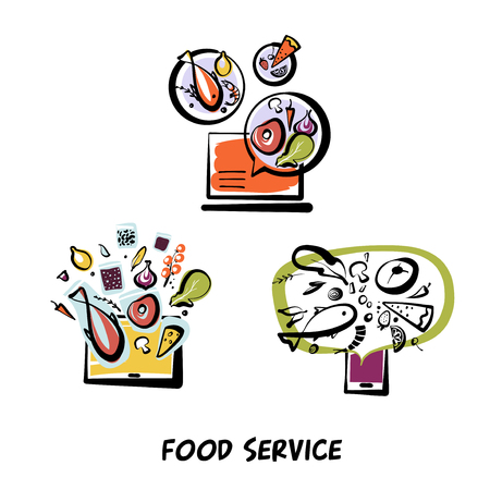 Food service. One day 24 hour delivery. Online order meal ingredient on screen laptop, phone. のイラスト素材