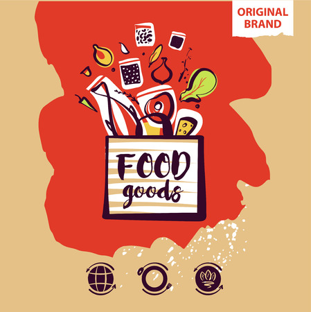 Food farm goods. Silhouette open package with meal ingredient. Template logo. Concept image, banner, poster, flyer for shop, market, store, boutique with eco farm product.のイラスト素材