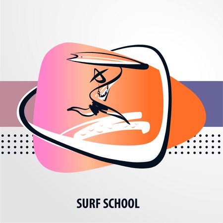 Sketch template logo for surf trip. Minimalist modern sign. Silhouette freehand drawn man with surfboard. Vector illustration.のイラスト素材