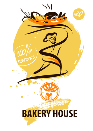 Template logo for bakery, pastry, confectionery shop. Farm natural ingredient. Bread made with love. Silhouette of baker man in chef hat holding basket with baked goods. Sketch vector illustrationのイラスト素材