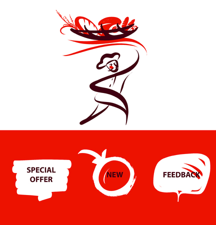 Sketch vector illustration. Template logo for bakery, pastry, confectionery shop. Farm natural ingredient. Silhouette of baker man in chef hat holding basket with baked goods. Bread made with loveのイラスト素材