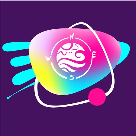 Icon for travel agency, tour bureau. Template concept image for banner, poster, flyer. Time to travel. Silhouette of sun and wave stylized in compass with abstract sign. Sketch vector illustrationのイラスト素材