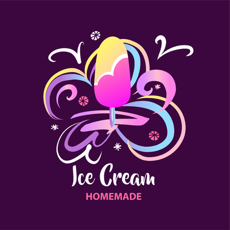 Sweet cold frozen dessert. Sketch vintage style poster. Template banner, brochure with homemade ice cream. Vector illustration. Design flyer for in menu cafe, parlor, store, shop, market.のイラスト素材