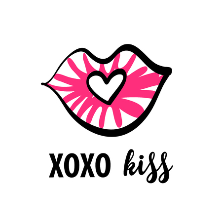 Concept flyer with abstract lips, heart and text XOXO kiss. Fashion image for advertising beauty blog, salon, boutique, shop. Template romantic banner, poster. Vector illustration. 
のイラスト素材