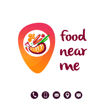 Point map check location in navigation. Modern design logotype on white background. Template logo to find food in city. Concept near me. Geolocation pin with badge inside. Vector illustration.のイラスト素材