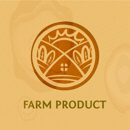 Vintage eco sticker for organic natural farm fresh product.  Vector template for local business. Health food store, market concept badge.  Effect engraving sign.  Poker-work logo on wood texture.のイラスト素材