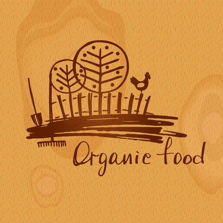 Ecology natural product and organic food. Family farm. Silhouette tree and chicken on fence. Sketch vector illustration on wood texture background.のイラスト素材