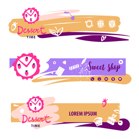 Horizontal banner template for sweet cake shop. Food blog with recipe pie. Concept image with top view strawberry pieのイラスト素材